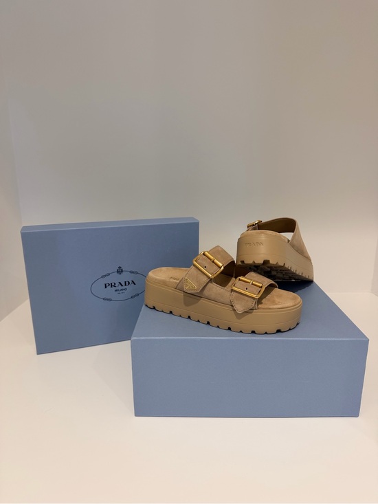 Prada Shoes - NWT SIZE 38- Prada Tan Suede Dual-Buckle Platform Sandals